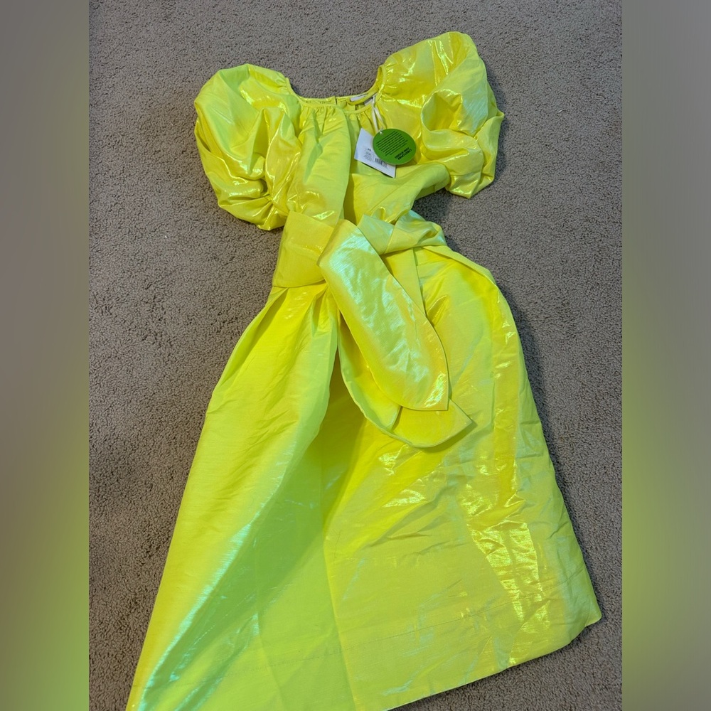 Yellow Shiny Dress with Puff Sleeves
